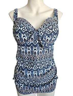 Kona Sol Blue Boho Batik Print Tankini Top Sz Large Summer Pool Beach Vacation